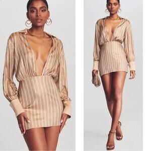 RETROFETE Oliver Crystal Embellished Silk Long Sleeve Gold Mini Dress Sz Medium